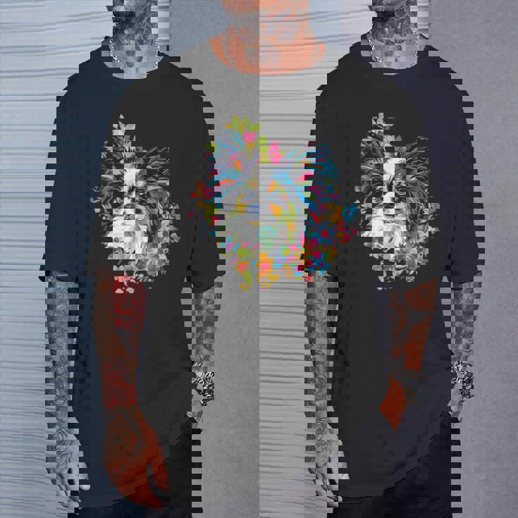 フローラル・ポップ・アート カラフルなパピヨン Tシャツ 彼への贈り物