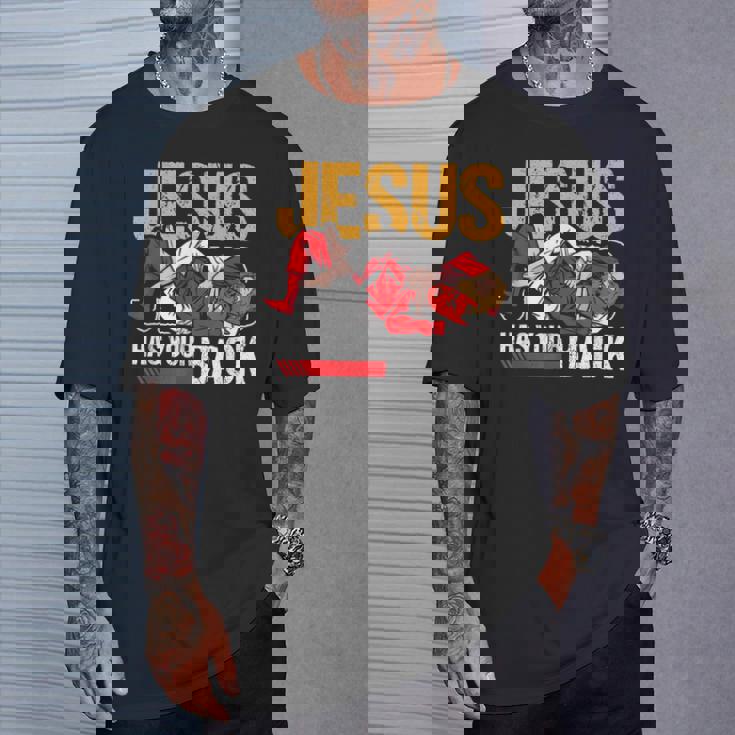 ブラジリアン柔術 ジーザス・ハズ・ユア・バック 面白いクリスチャンbjj Tシャツ 彼への贈り物