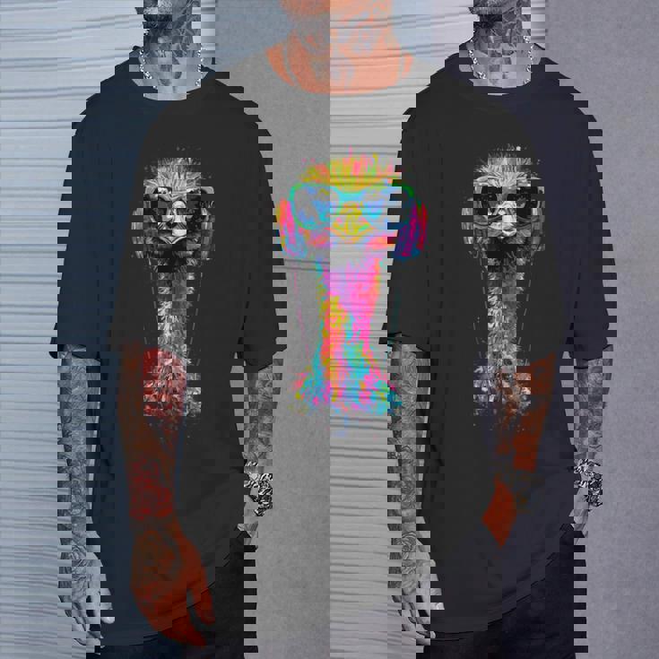 ヘッドフォン付きダチョウの鳥 カラフルなエミュー音楽djブーケ Tシャツ 彼への贈り物