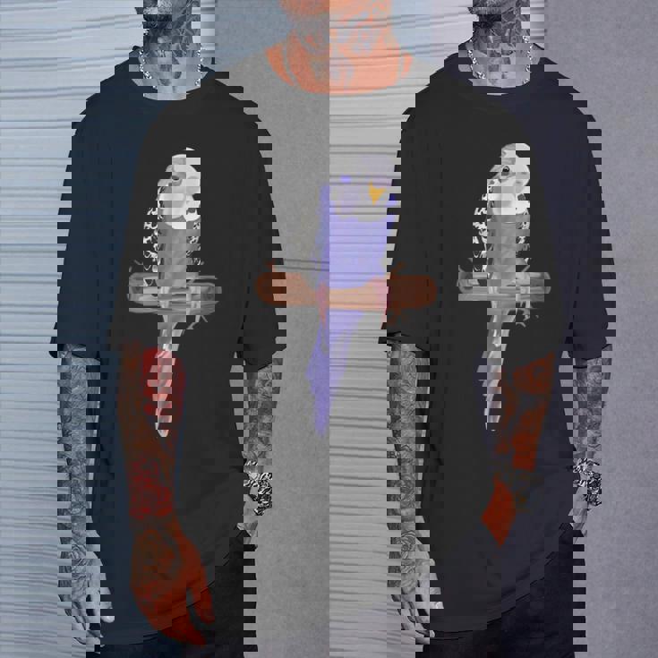 ホワイトパープルセキセイインコエキゾチックペットアニマルモチーフ鳥 Tシャツ 彼への贈り物