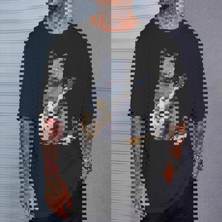 ミュージシャン ロシアンブルー猫 ギタリスト 猫とギター Tシャツ 彼への贈り物