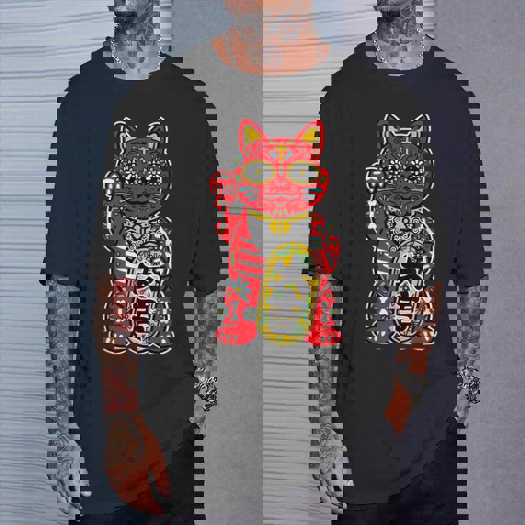 メキシコ 死者の日 と 招き猫 ネコ を組合わせた シュガー スカル キャット 赤 レッド 大吉 猫好き ねこマニア Tシャツ 彼への贈り物