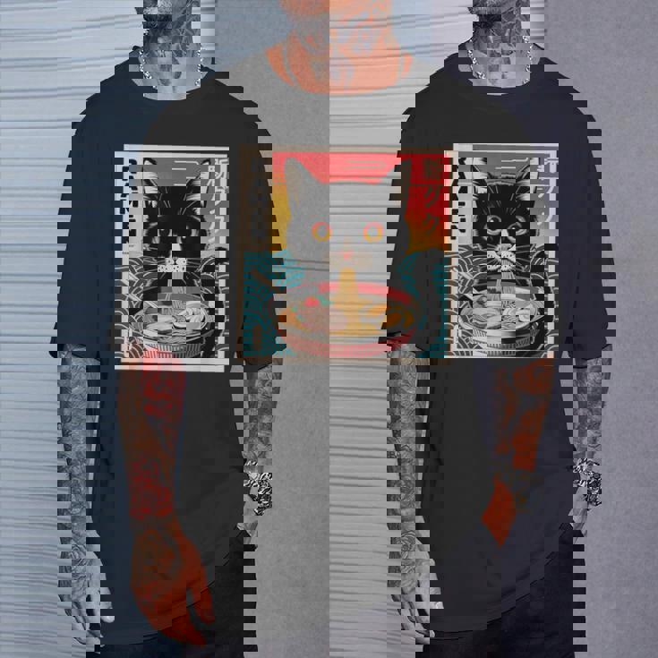 ラーメンと黒猫 和風ビンテージ Tシャツ 彼への贈り物