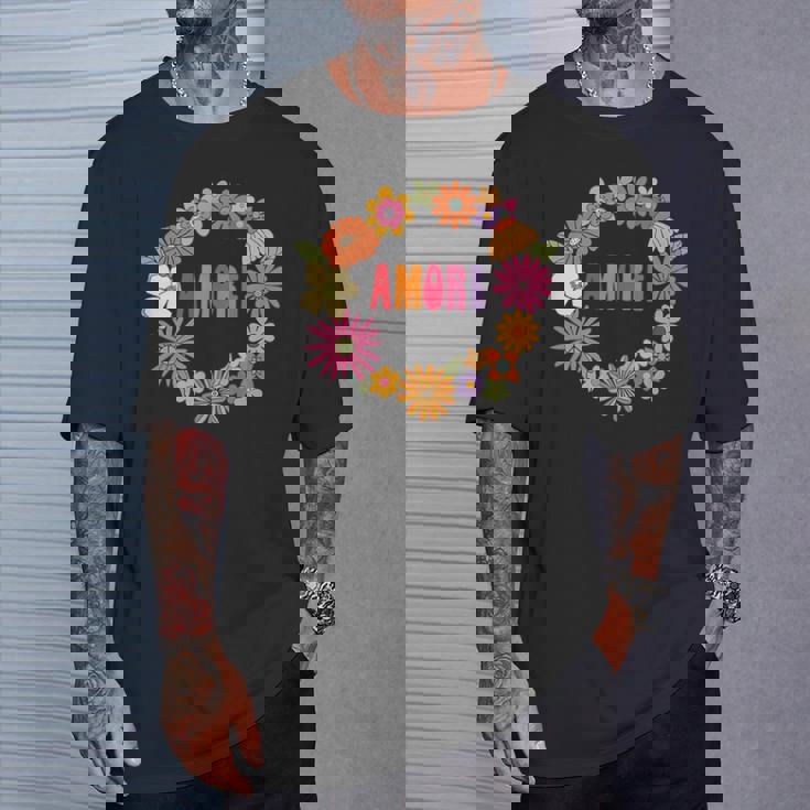 レトロ ボーホー フラワー アモーレ 愛 イタリア語 イタリア 旅行 Tシャツ 彼への贈り物