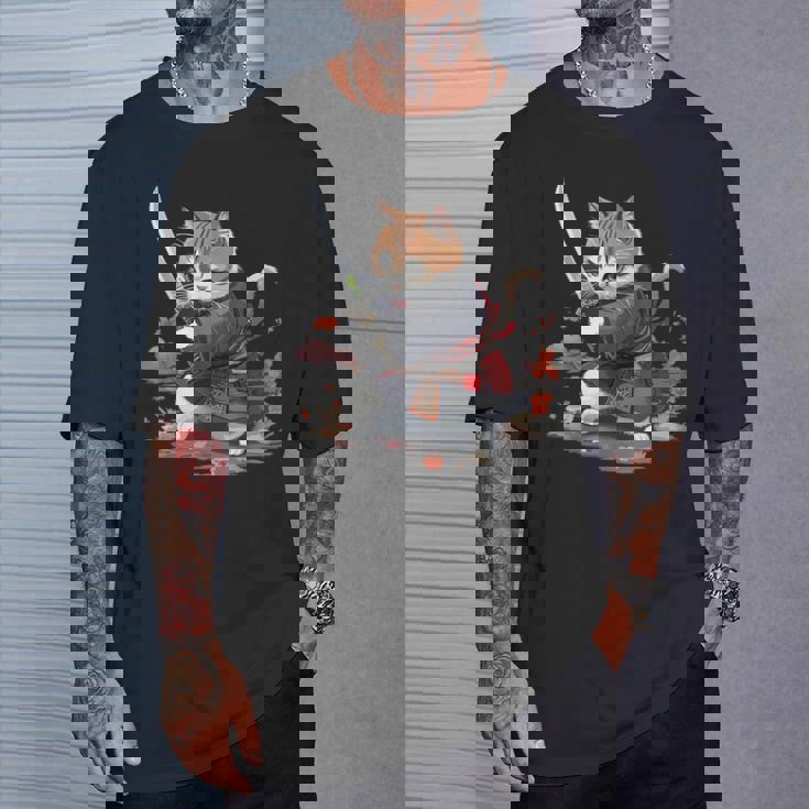 レトロな日本の侍猫グラフィック 猫愛好家 Tシャツ 彼への贈り物