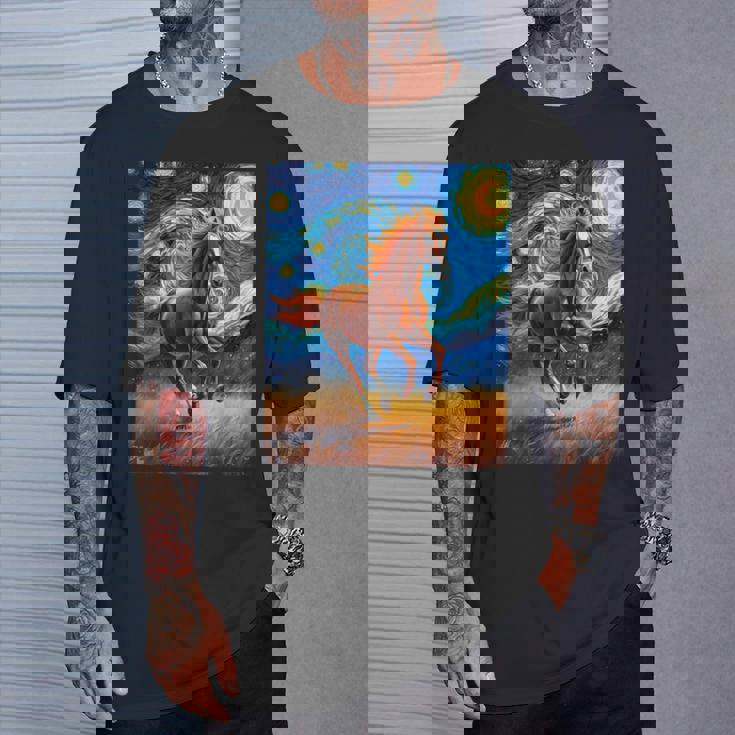 ヴァンゴッホの星空の夜ワイルドホースマスタングアニマル愛好家 Tシャツ 彼への贈り物