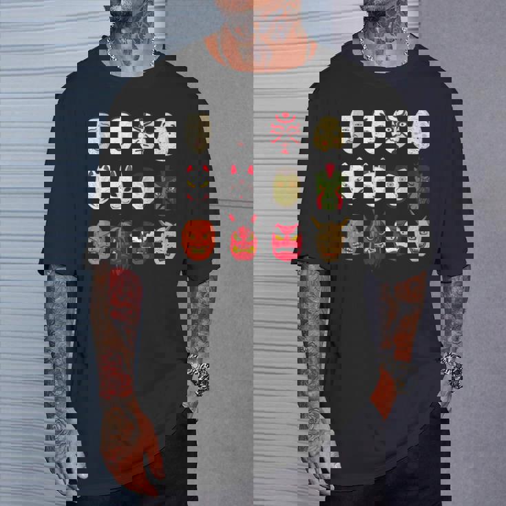 ヴィンテージ グラフィカル 日本 アート 天狗 きつね ひょっとこ マスク Tシャツ 彼への贈り物