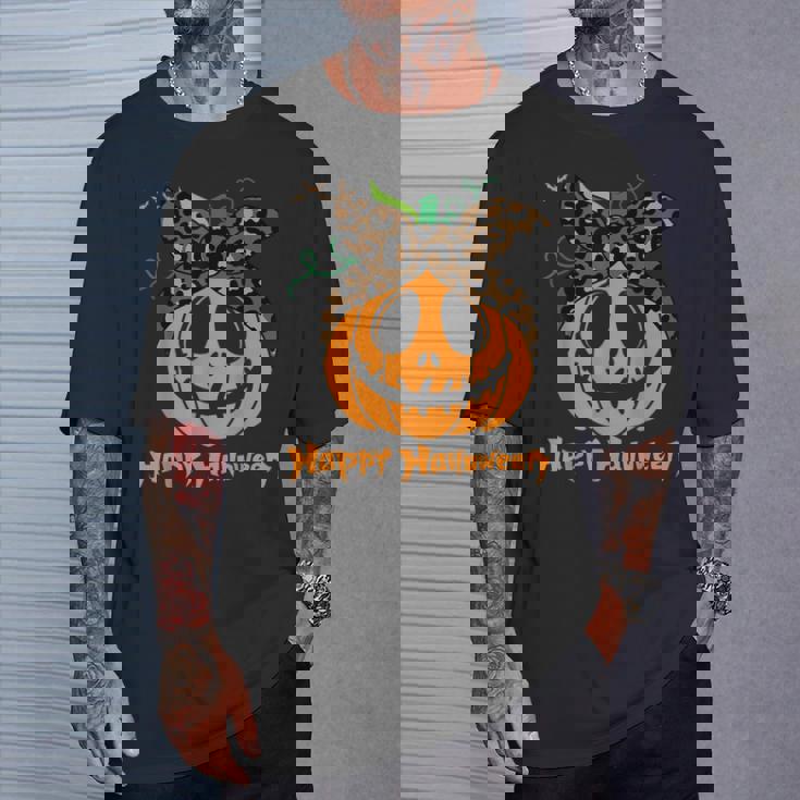 不気味なカボチャ ヒョウ柄 乱雑なお団子 ハロウィン 面白い Tシャツ 彼への贈り物