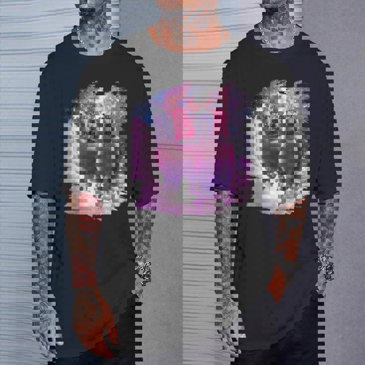 宇宙で虹色のラマに乗る子猫 Tシャツ 彼への贈り物