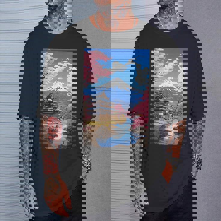 寺と富士山のある日本の風景 Tシャツ 彼への贈り物