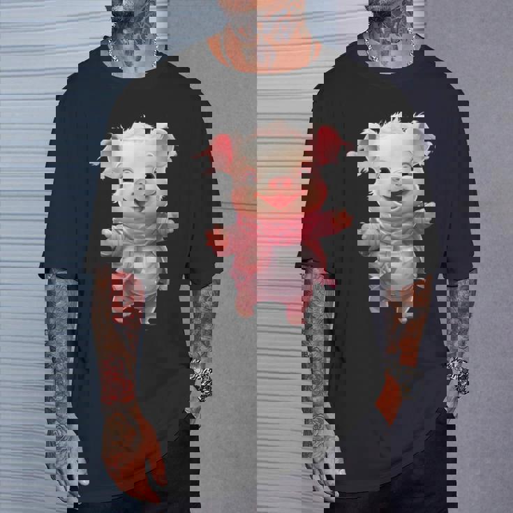 帽子とスカーフを着た豚のクリスマスプレゼント Tシャツ 彼への贈り物