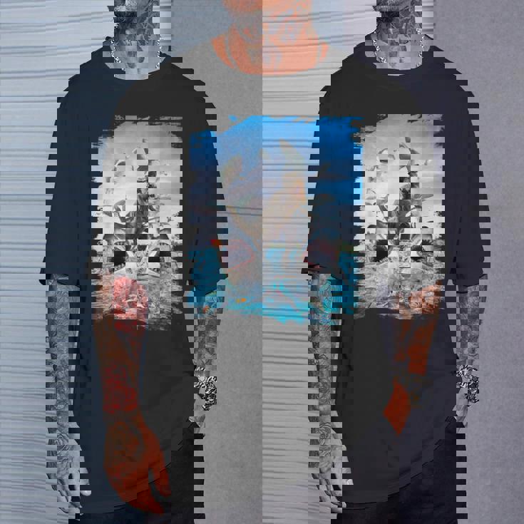 恐竜乗馬サメ ビーチオーシャンサメ サングラス 面白い Tシャツ 彼への贈り物