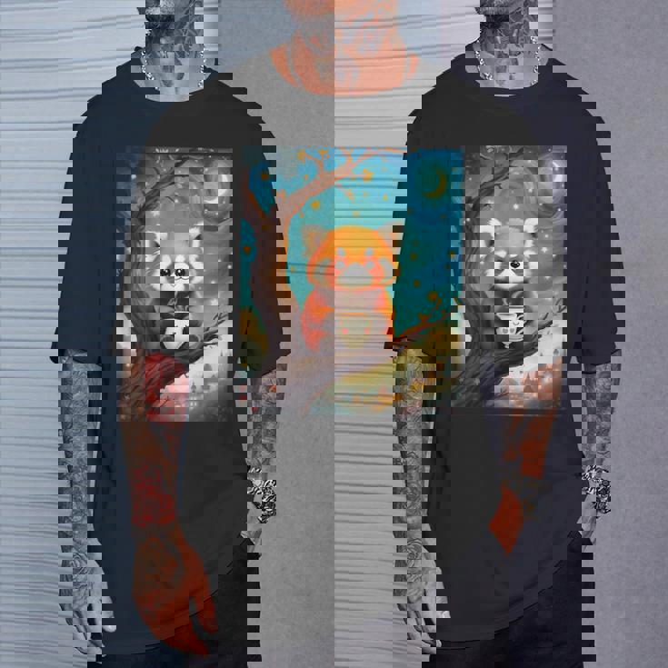 愛らしいレッサーパンダとティーカップの星月夜イラスト Tシャツ 彼への贈り物