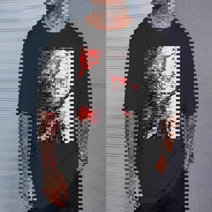 日本のクモユリ 侍 猫 グランジ 浮世絵 アニメアート Tシャツ 彼への贈り物