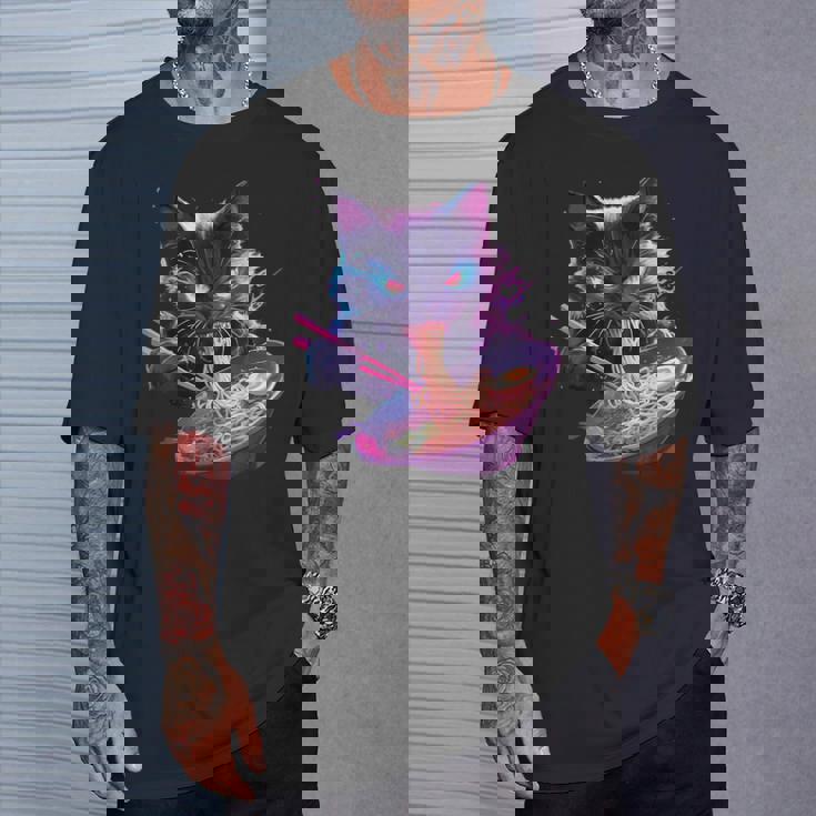 日本美術 ラーメン 猫 忍者 シンセウェーブ スタイル サムライキャット Tシャツ 彼への贈り物