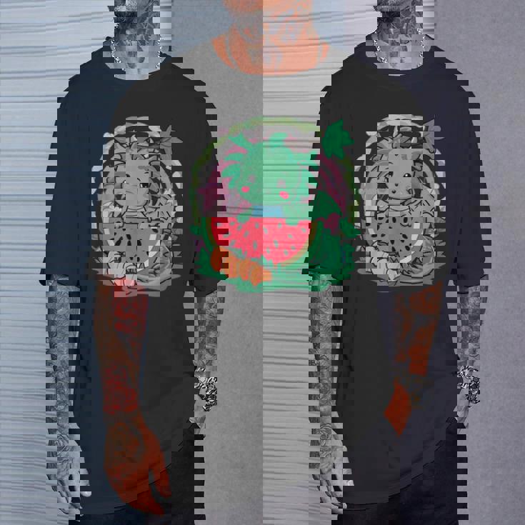 桃とスイカの漫画かわいいドラゴン Tシャツ 彼への贈り物