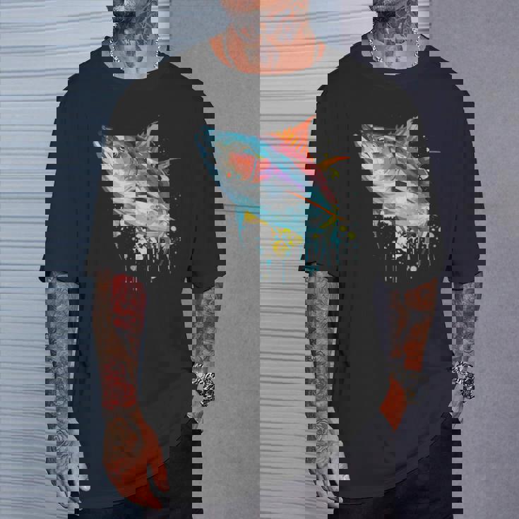 水彩 マグロ 魚 カラフル 海釣り 釣り Tシャツ 彼への贈り物