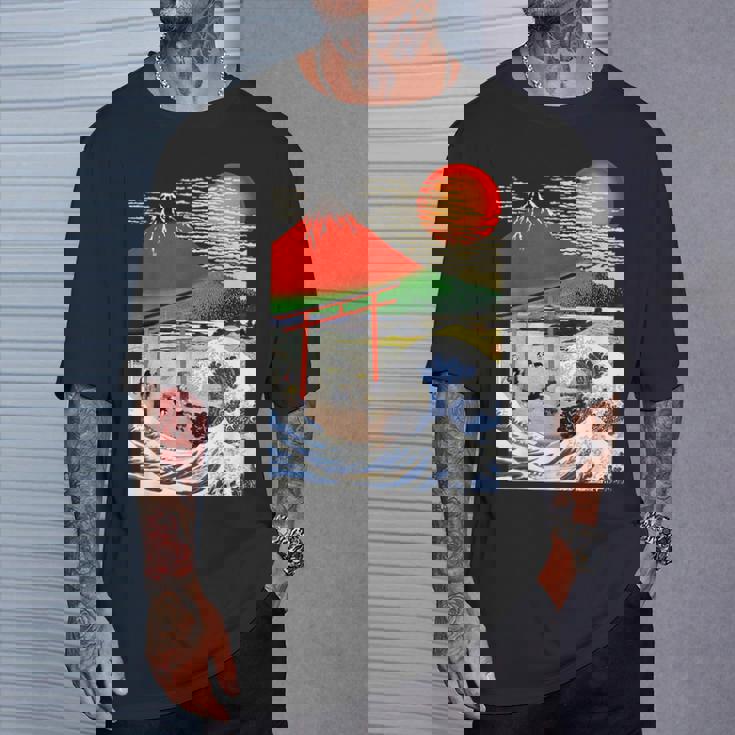 江戸日本 浮世白斎 赤富士山・津波 Tシャツ 彼への贈り物