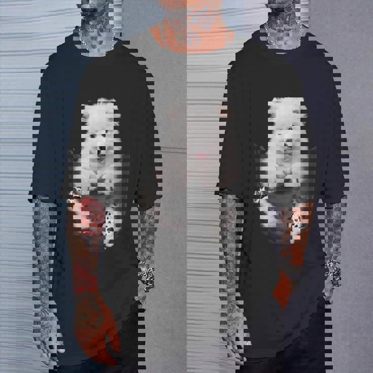 犬好きの方へのギフト サモエド ポケットに入った面白い犬の顔 Tシャツ 彼への贈り物