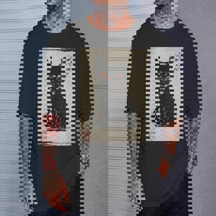 猫 鬼 ハロウィン 日本 ミニマリスト 墨絵 浮世絵風 Tシャツ 彼への贈り物