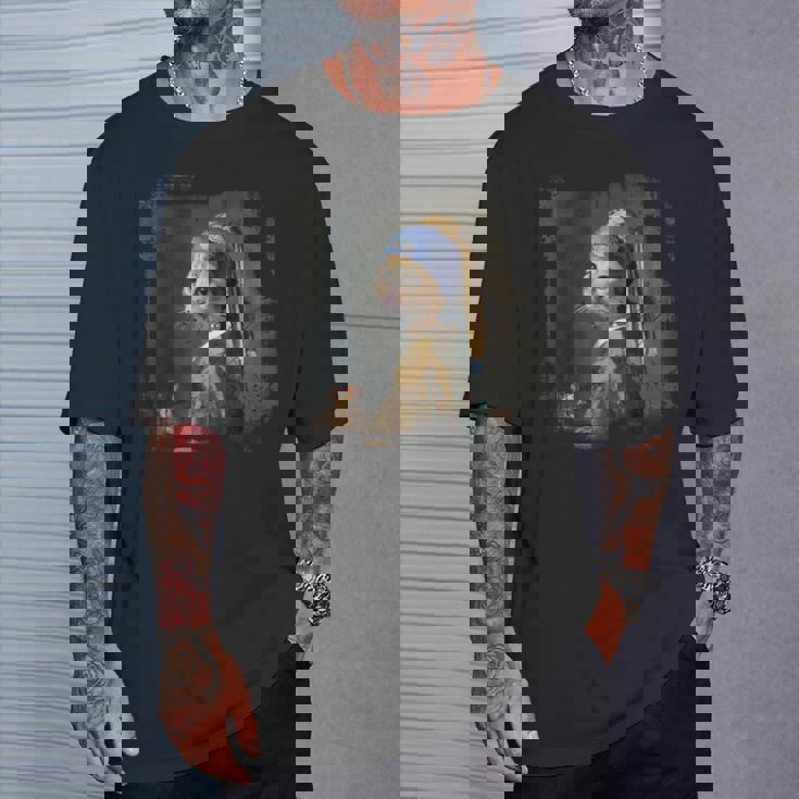 真珠のイヤリングを持つ少女 猫 パロディアート 面白い ヤン・フェルメール Tシャツ 彼への贈り物