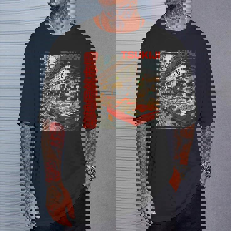 築地魚市場 日本 東京撮影 海鮮屋台 Tシャツ 彼への贈り物