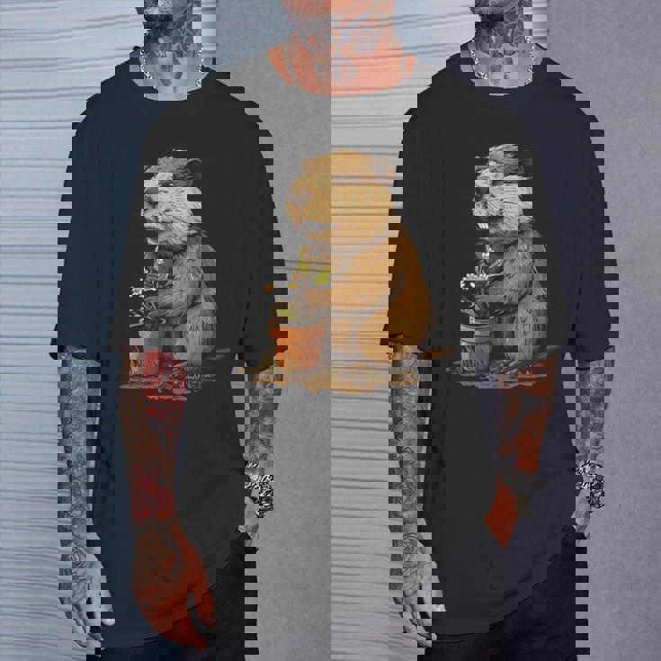 自然からインスピレーションを得た衣装愛好家のための鉢植え付き楽しいビーバー Tシャツ 彼への贈り物