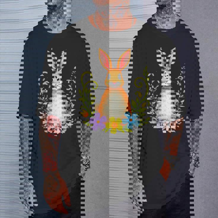 花と葉を持つ愛らしいウサギ 自然デザイン Tシャツ 彼への贈り物