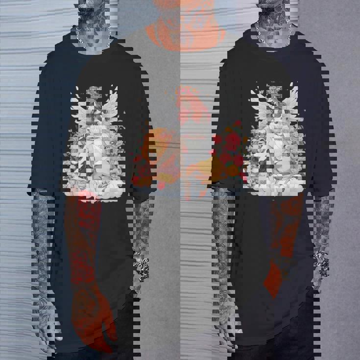 花に囲まれたライオンの天使 美しい天使 Tシャツ 彼への贈り物