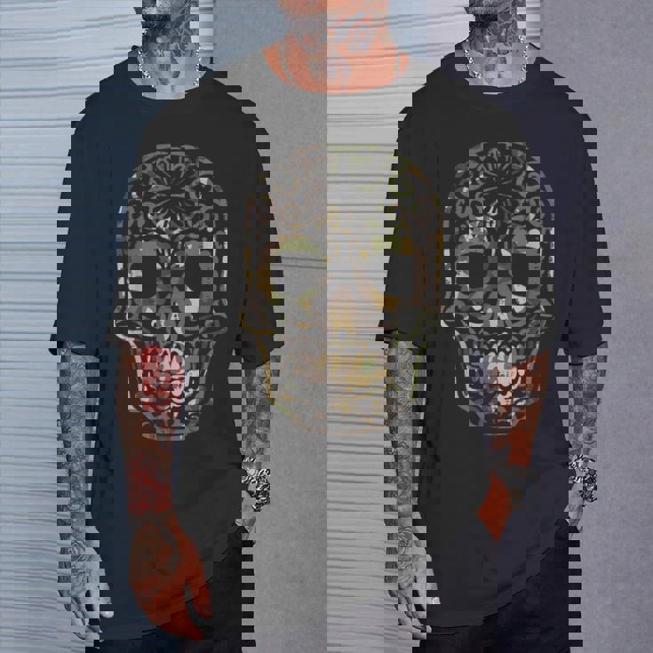 迷彩柄 シュガースカル カラベラ Dia De Muertos メキシカンハロウィン Tシャツ 彼への贈り物