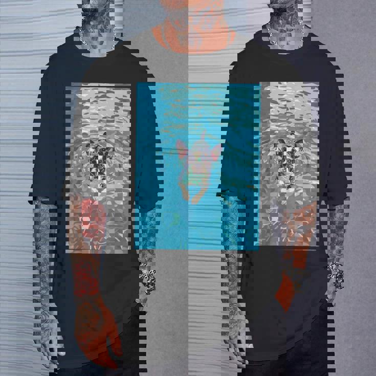 面白いボストンテリア プールで泳ぐ かわいい犬 ママ お父さん Tシャツ 彼への贈り物