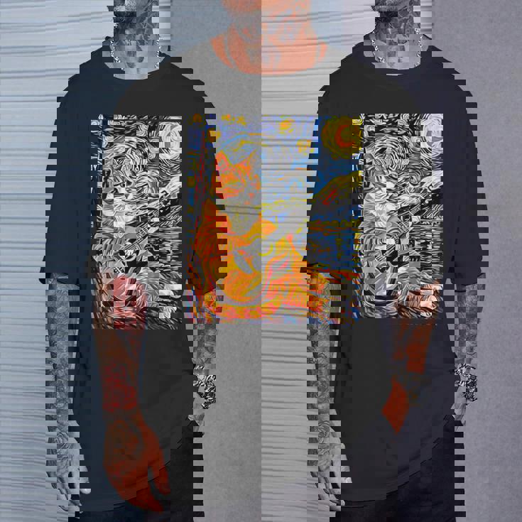 面白いレトロなデザインの猫がギターを弾く 星月夜 Tシャツ 彼への贈り物