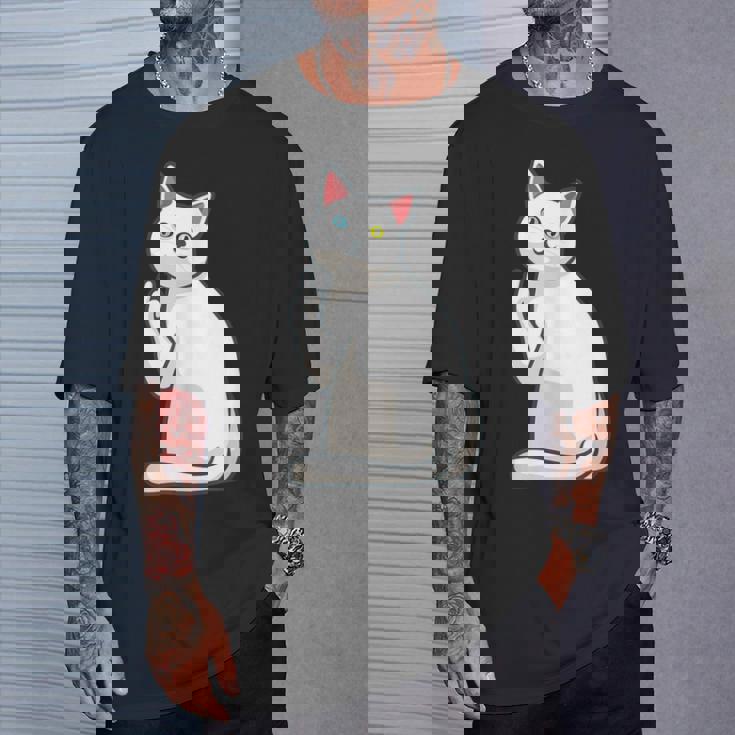 面白い猫 中指 オッドアイドキャット キティ Tシャツ 彼への贈り物