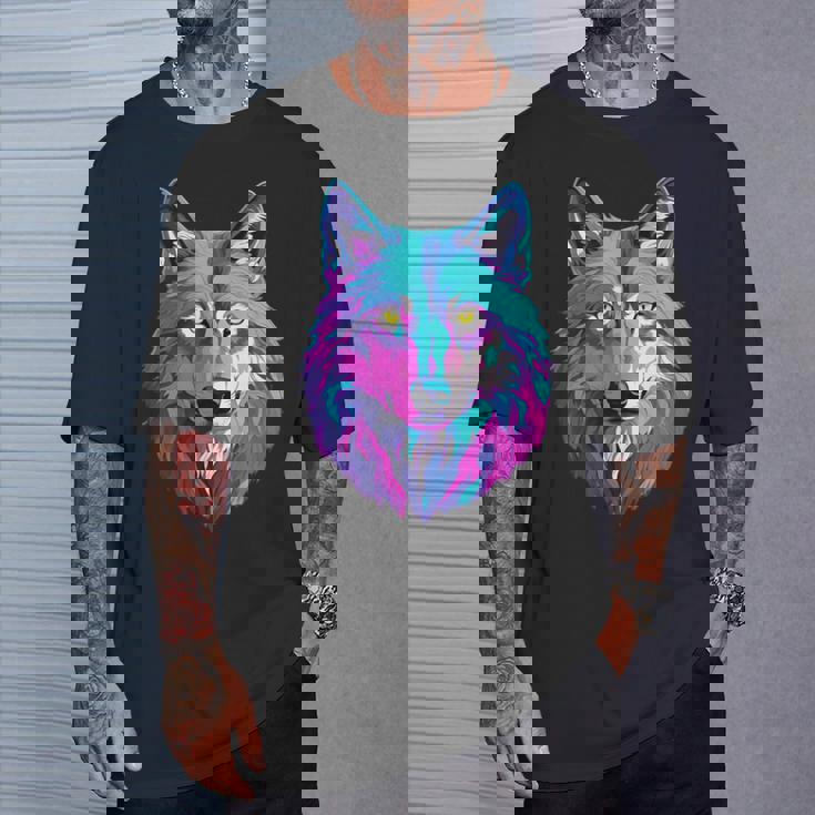 鮮やかなマルチカラーオオカミ Tシャツ 彼への贈り物