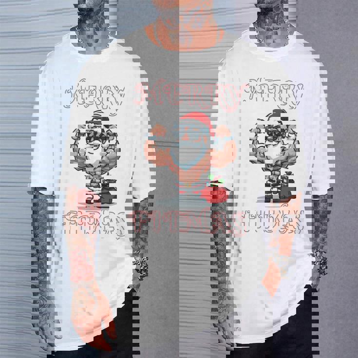 Merry Fitmas クリスマス フィットネス アグリークリスマス スウール サンタ 長袖tシャツ Tシャツ 彼への贈り物