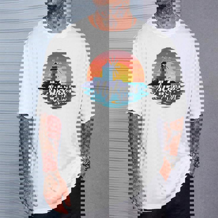 Mykonosibes ヴィンテージ 夕日 ギリシャの島 ギリシャ お土産 長袖tシャツ Tシャツ 彼への贈り物