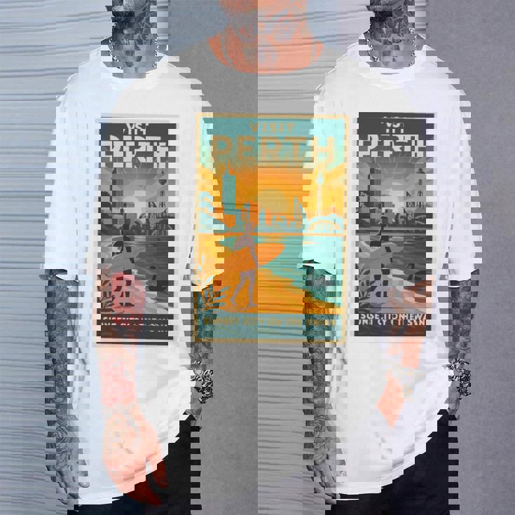 Perth Australia – ビンテージ旅行ポスタースタイル 長袖tシャツ Tシャツ 彼への贈り物