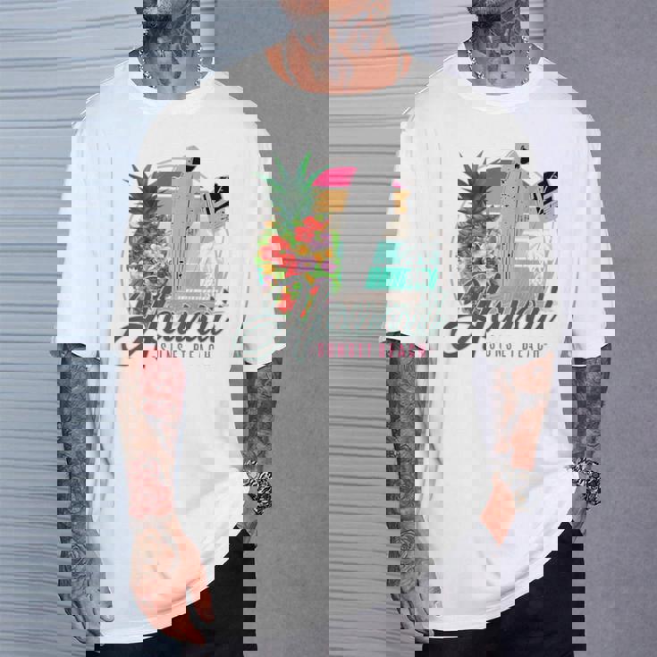 Sunset Beach Hawaii、サーフィンサーフボードレトロ、バックプリント Tシャツ 彼への贈り物