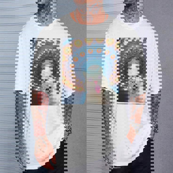 Ufo エイリアンフライングソーサー付き面白い白猫愛好家セルフィー 長袖tシャツ Tシャツ 彼への贈り物