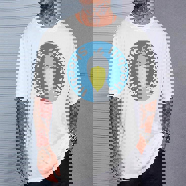 【バックプリント・背中側】ハシビロコウ『ロゴマーク』ブルー 青【どうぶつフレンズ】鳥 動物 ゆるくて かわいい イラスト Tシャツ 彼への贈り物