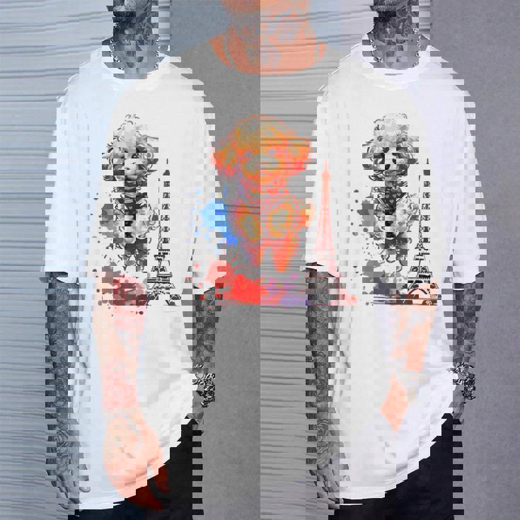 かわいい フランス パリ エッフェル塔 トイプードル パリ ジャンプ 子犬 Tシャツ 彼への贈り物