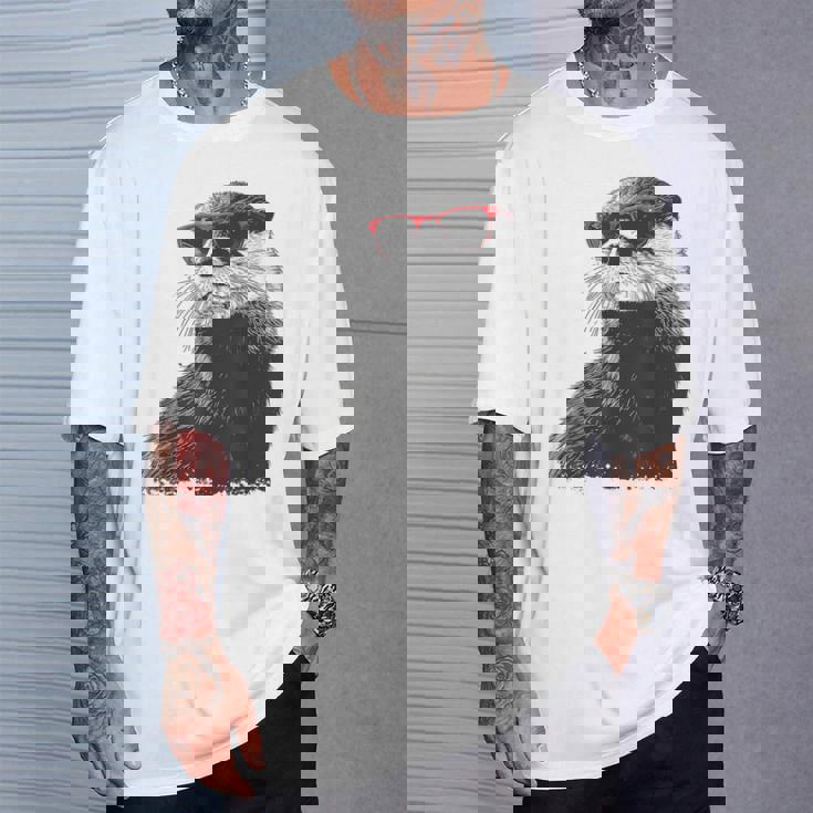 カワウソ アニマル柄 動物園 図面 イラスト 顔 カワウソ Tシャツ 彼への贈り物