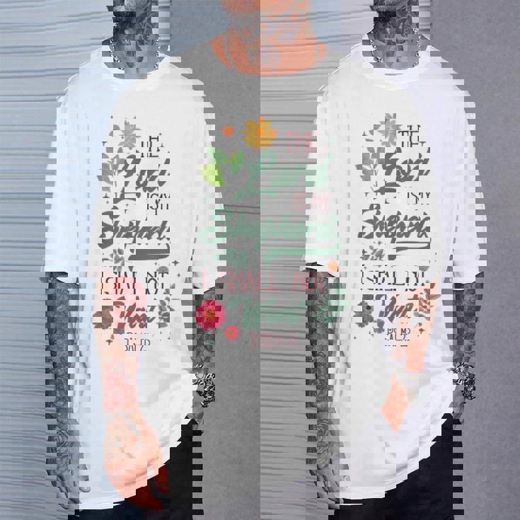 キリスト教聖書の詩 主は私の羊飼い 詩篇 23 花 Tシャツ 彼への贈り物