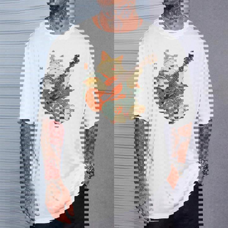 ギターを弾く日本の侍猫 忍者 浮世絵 アニメ Tシャツ 彼への贈り物