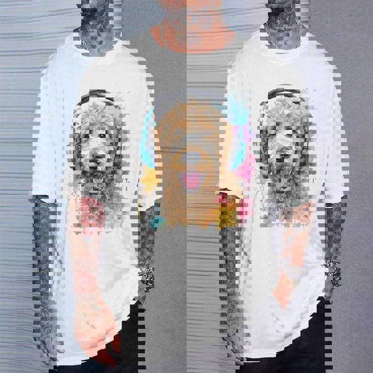 ゴールデンドゥードル、ヘッドフォン、犬、動物プリント Tシャツ 彼への贈り物