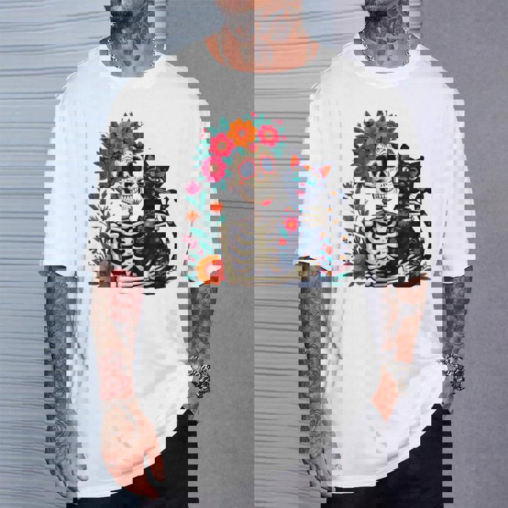 スケルトン ハグ 猫 シュガー スカル Día Los Muertos ハロウィン Tシャツ 彼への贈り物