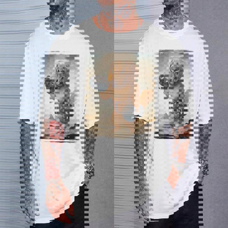 ダックスフンド 犬 筋トレ ウェイトリフティング ダンベル付き Tシャツ 彼への贈り物