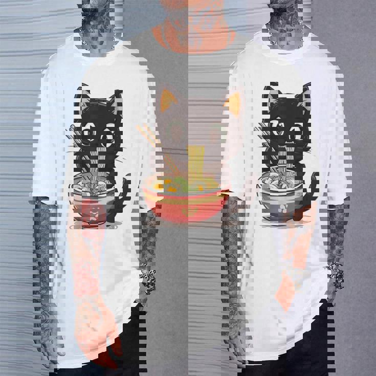 ヌードルキャット黒猫ラーメンデザイン Tシャツ 彼への贈り物