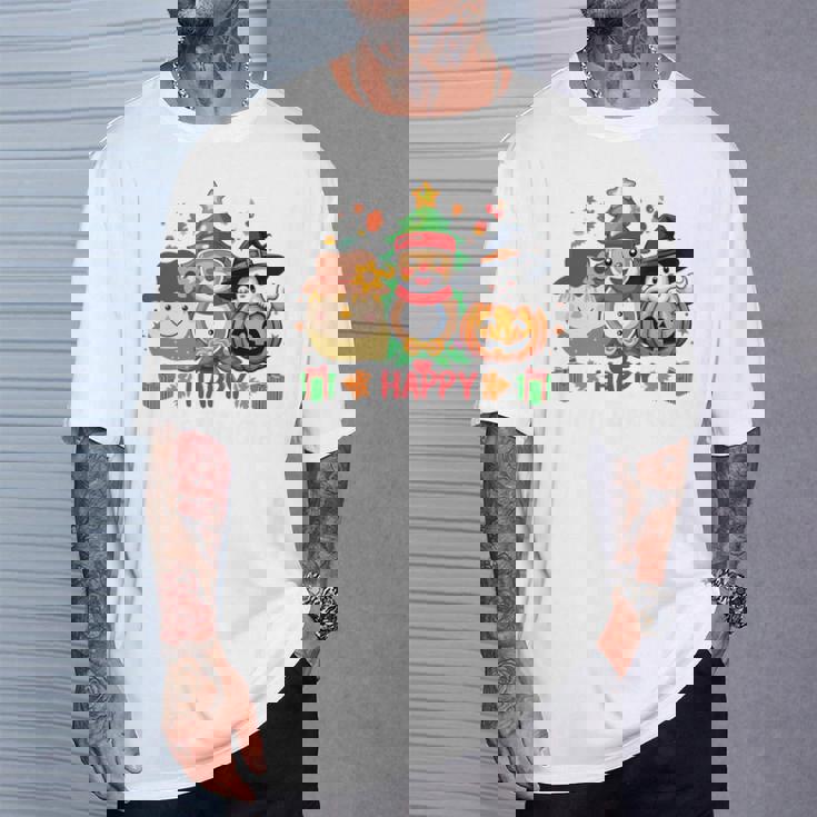 ハッピー、感謝祭、ハロウィン、メリークリスマス。 長袖tシャツ Tシャツ 彼への贈り物