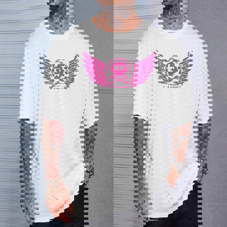 バイク おもしろ ドクロ 可愛い ハート オートバイ 羽ばたく翼 バックプリント 天使 Tシャツ 彼への贈り物